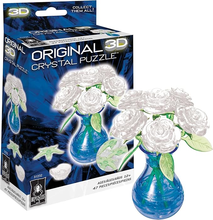 3D Crystal Puzzle: Roses in Vase - White in Blue Vase