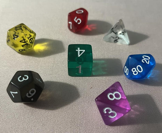 Polyhedral Dice - 7 Piece Set --- Transparent Assorted Colors